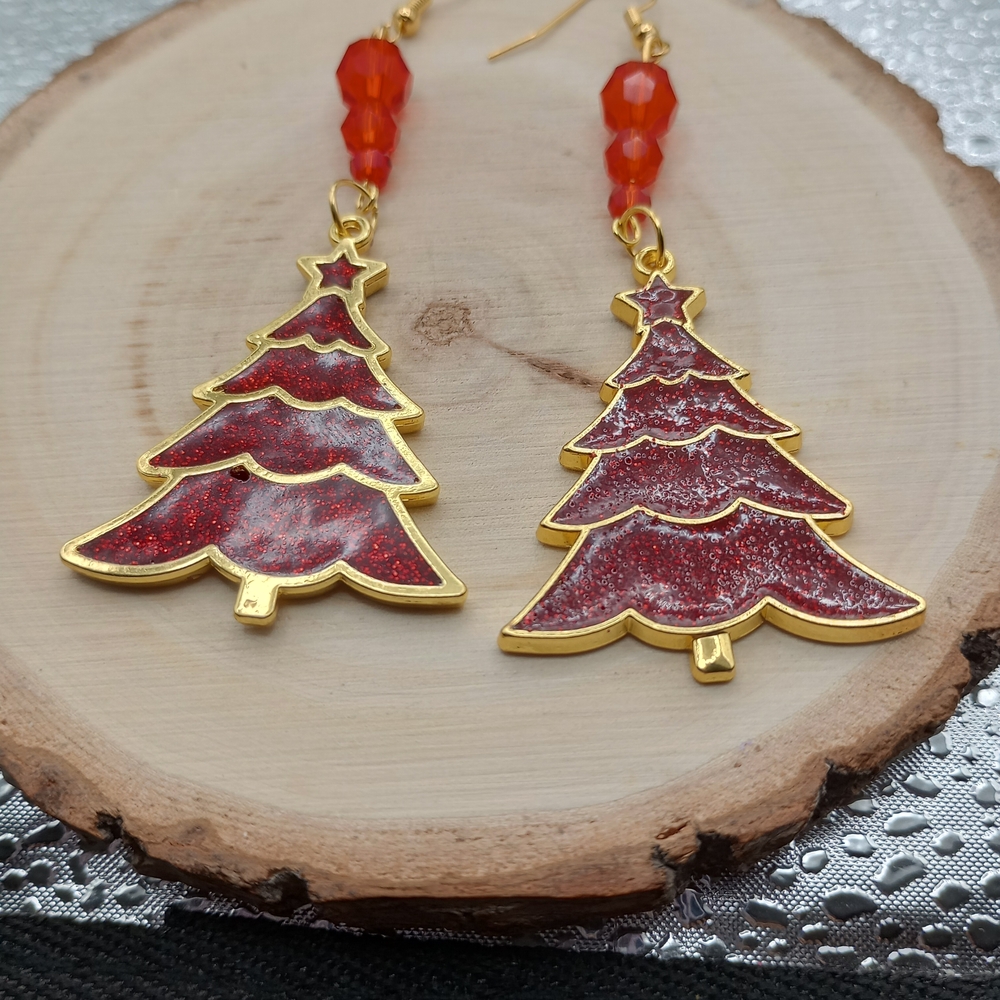 Gold and Red Christmas Tree Earrings